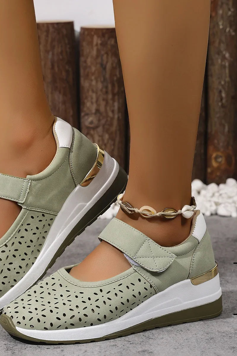 Close-up detail of the breathable material and hook-and-loop closure on the Soraya comfort arch support sandals.