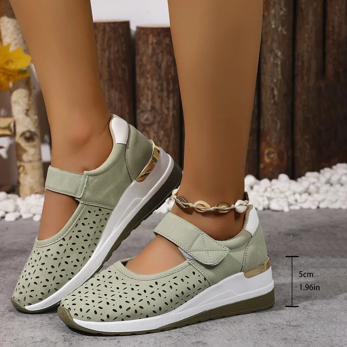 Close-up detail of the breathable material and hook-and-loop closure on the Soraya comfort arch support sandals.
