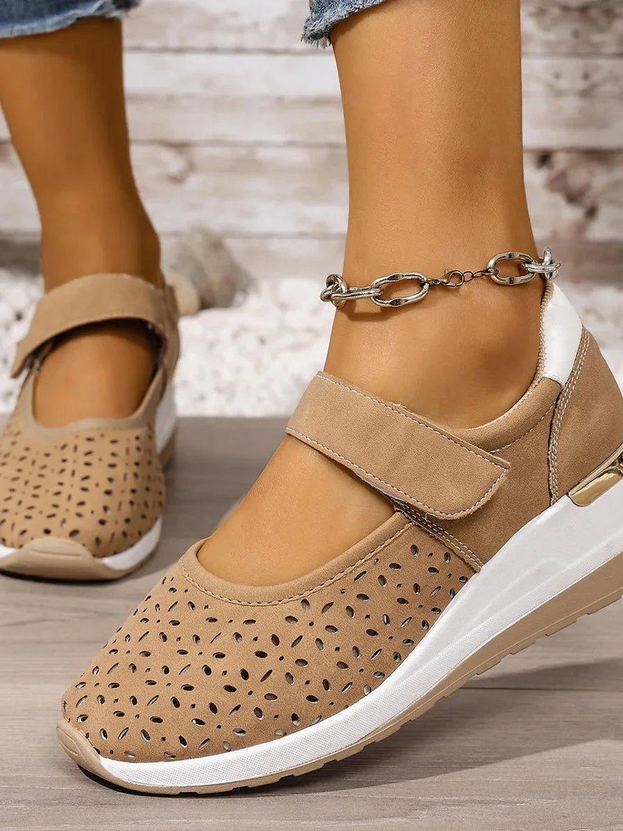 Lifestyle shot of someone walking outdoors in Soraya comfort arch support sandals, demonstrating comfort and style.