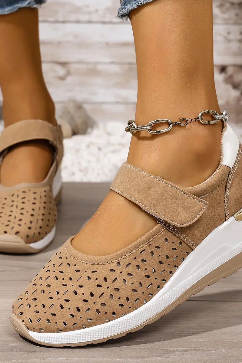 Lifestyle shot of someone walking outdoors in Soraya comfort arch support sandals, demonstrating comfort and style.