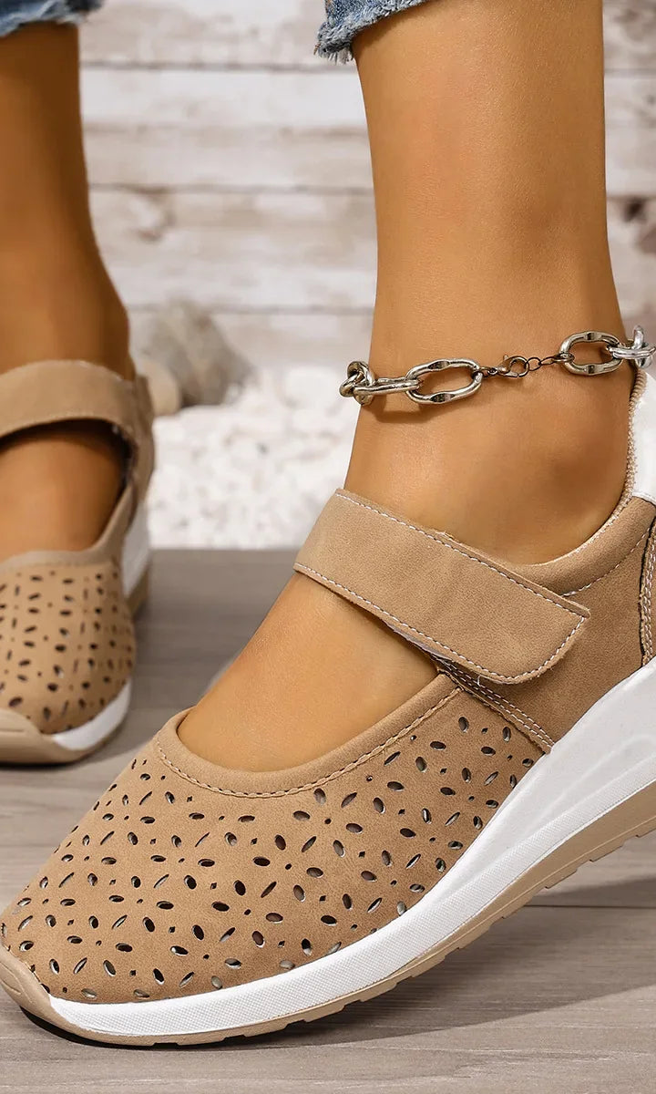 Lifestyle shot of someone walking outdoors in Soraya comfort arch support sandals, demonstrating comfort and style.