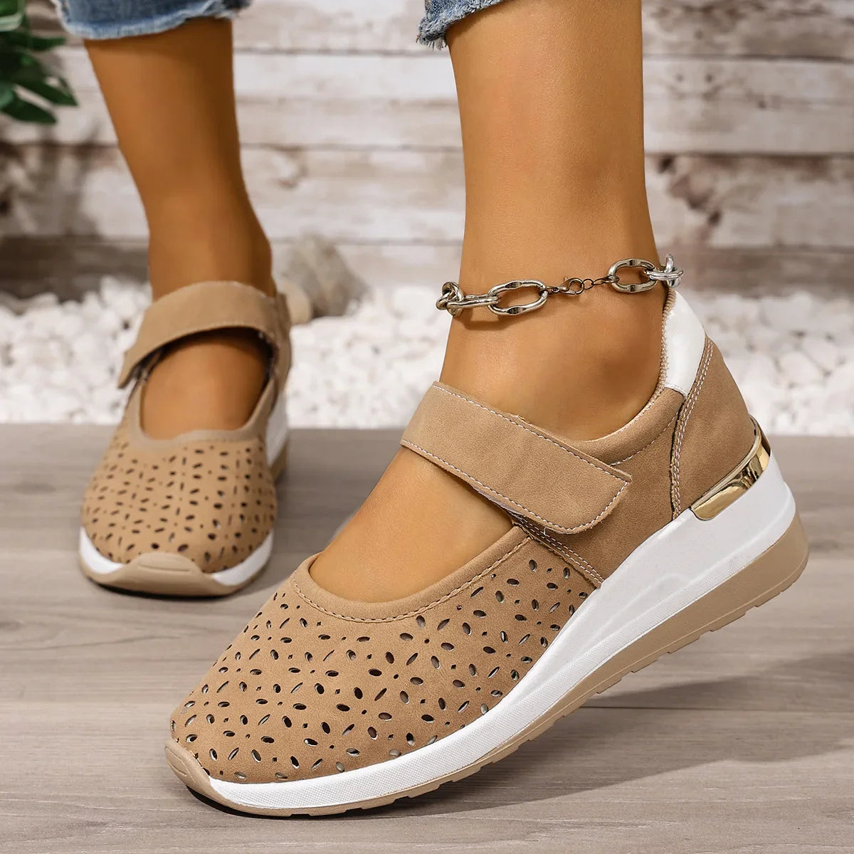 Lifestyle shot of someone walking outdoors in Soraya comfort arch support sandals, demonstrating comfort and style.