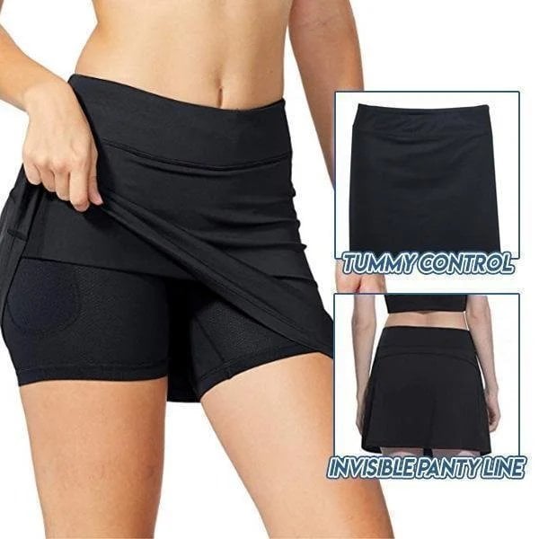 Front view of a light gray anti-chafing active skort, highlighting its sleek design and practical appeal.