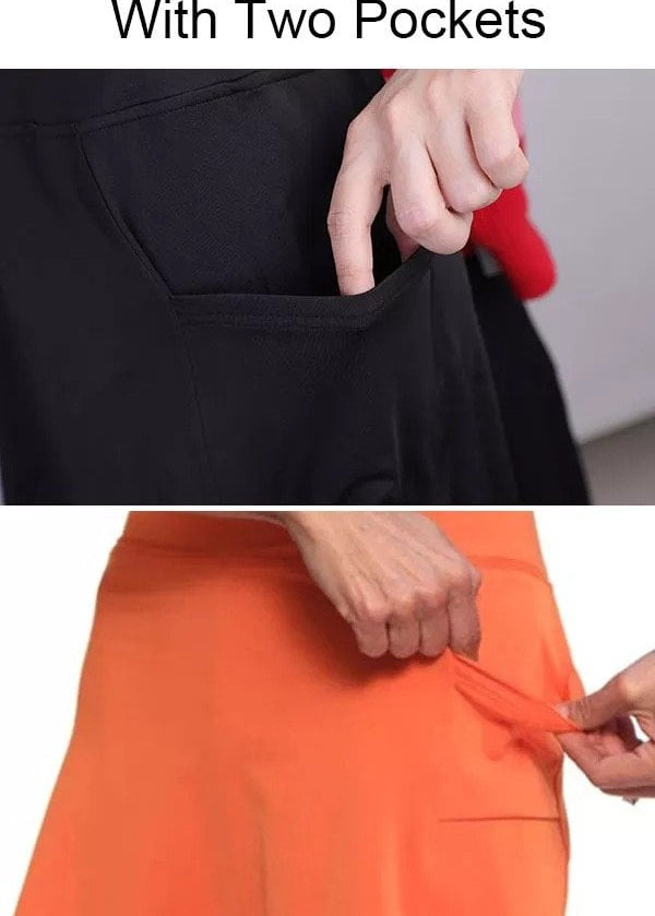 Rear view of the light gray skort, showing the comfortable waistband and flattering cut for active women.