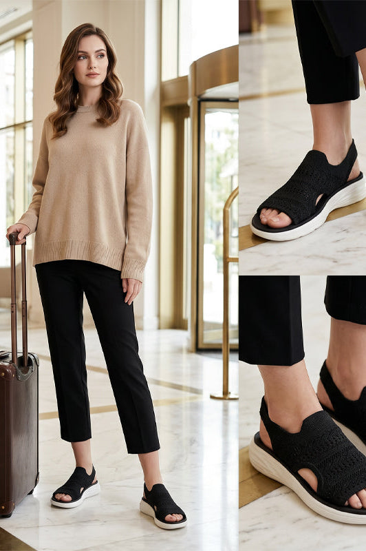 Woman enjoying a day out in blue knit platform sandals, illustrating all-day comfort and effortless style.