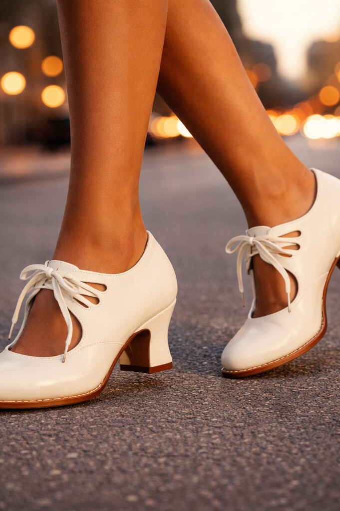 Detailed view of the polished leather texture on the Talia elegant lace heels.