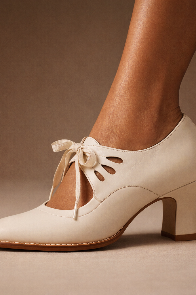 Woman wearing Talia elegant leather lace heels in blue, walking confidently.