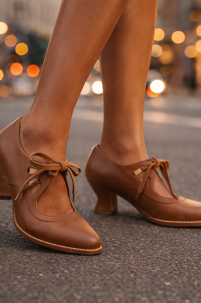 Frontal view of Talia elegant leather lace heels in brown, emphasizing their sleek silhouette.