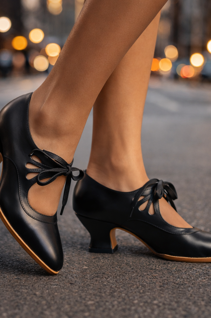 Close-up of the supportive sole and heel structure of the Talia elegant lace heels.