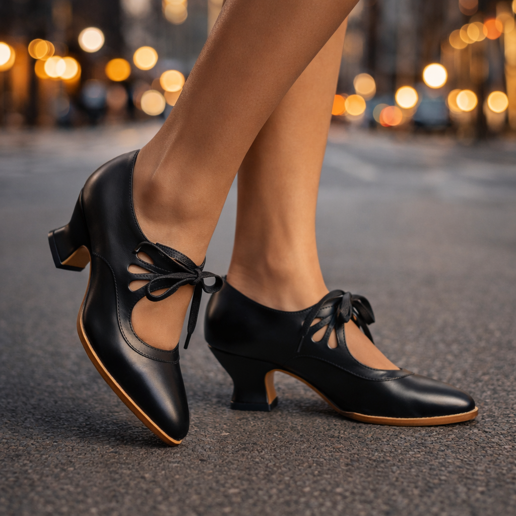 Close-up of the supportive sole and heel structure of the Talia elegant lace heels.