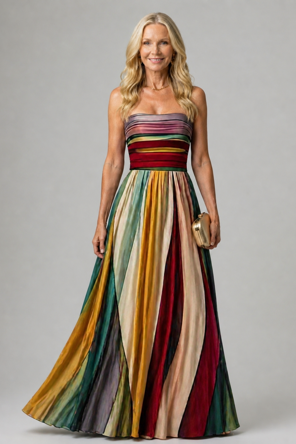 Front view of the Thalia strapless A-line dress in a soft coral color, showcasing its flowy silhouette.