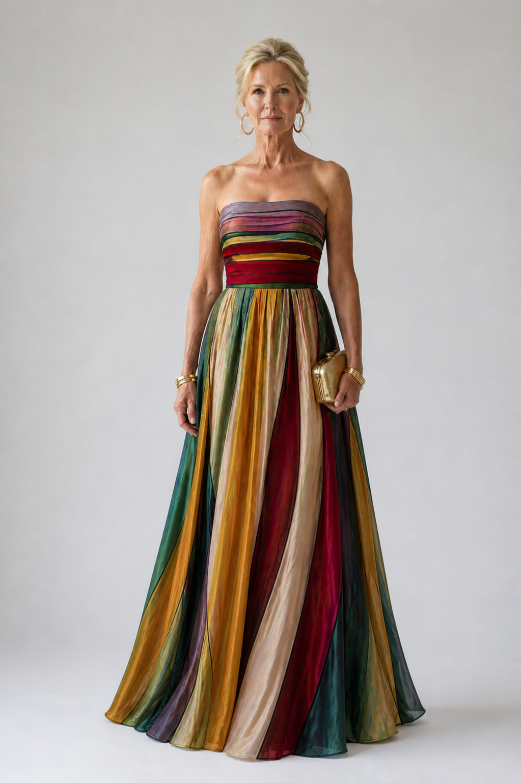 Side profile of a woman wearing the Thalia strapless A-line dress, highlighting the flattering cut and length.