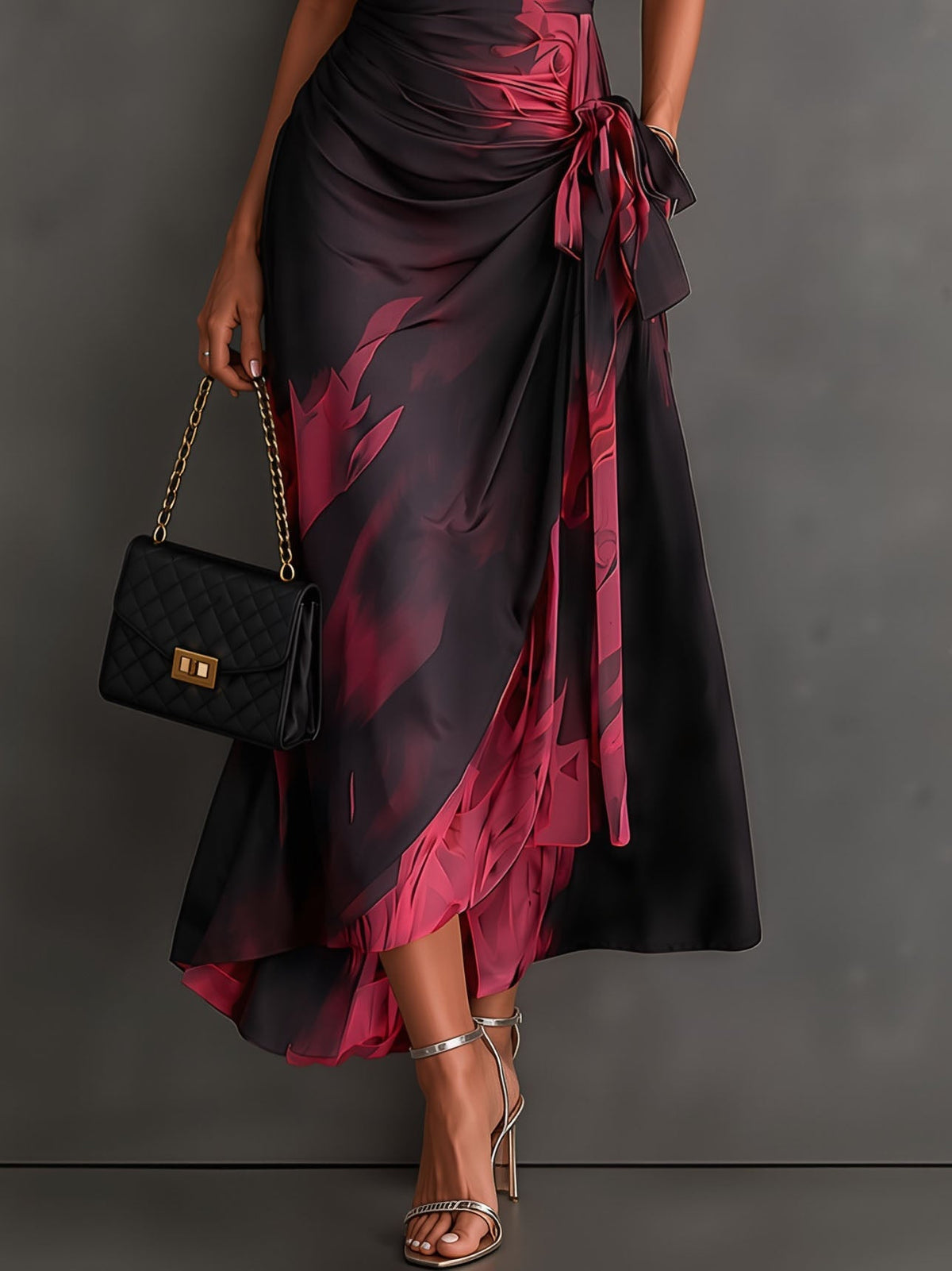 Back view of a brown abstract pattern maxi dress, emphasizing the flowing silhouette and collar detail.