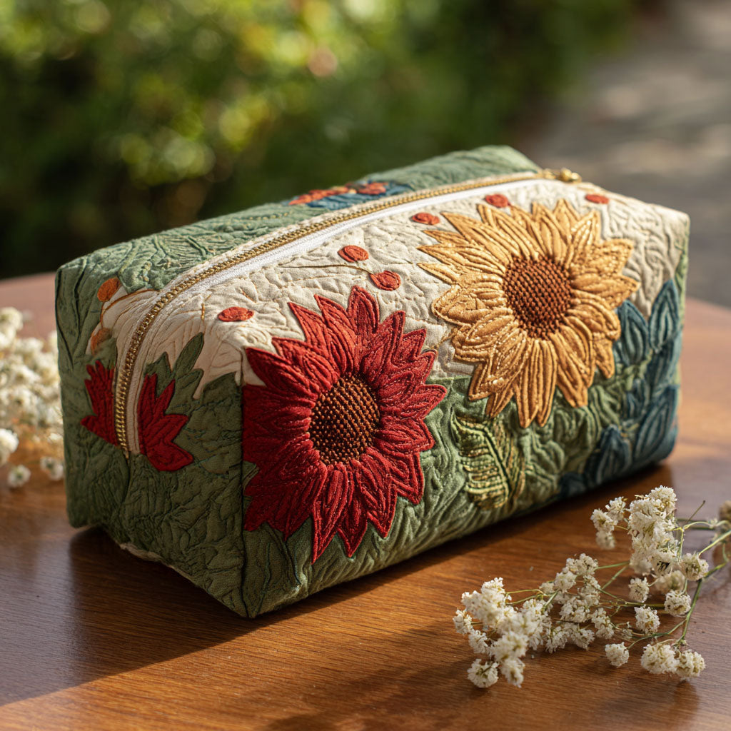 Close-up of a Vera quilted cosmetic bag in a luminous petal print, showcasing its elegant texture and secure zip closure.