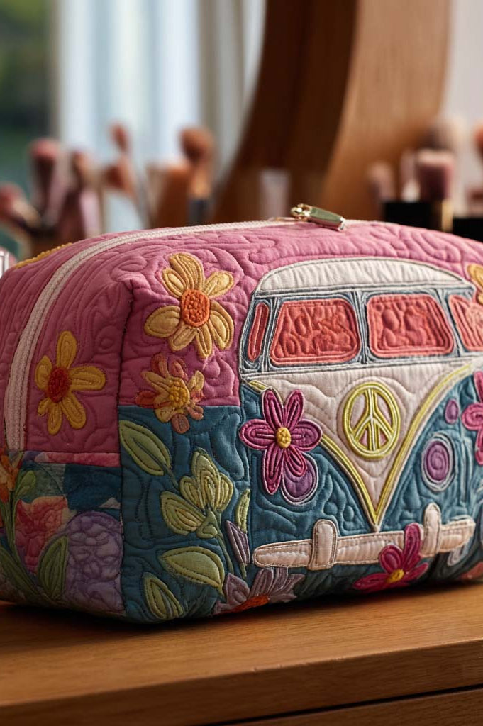Viviana Quilted Cosmetic Organizer Bag in retro floral pattern, showcasing its textured fabric and vibrant design.