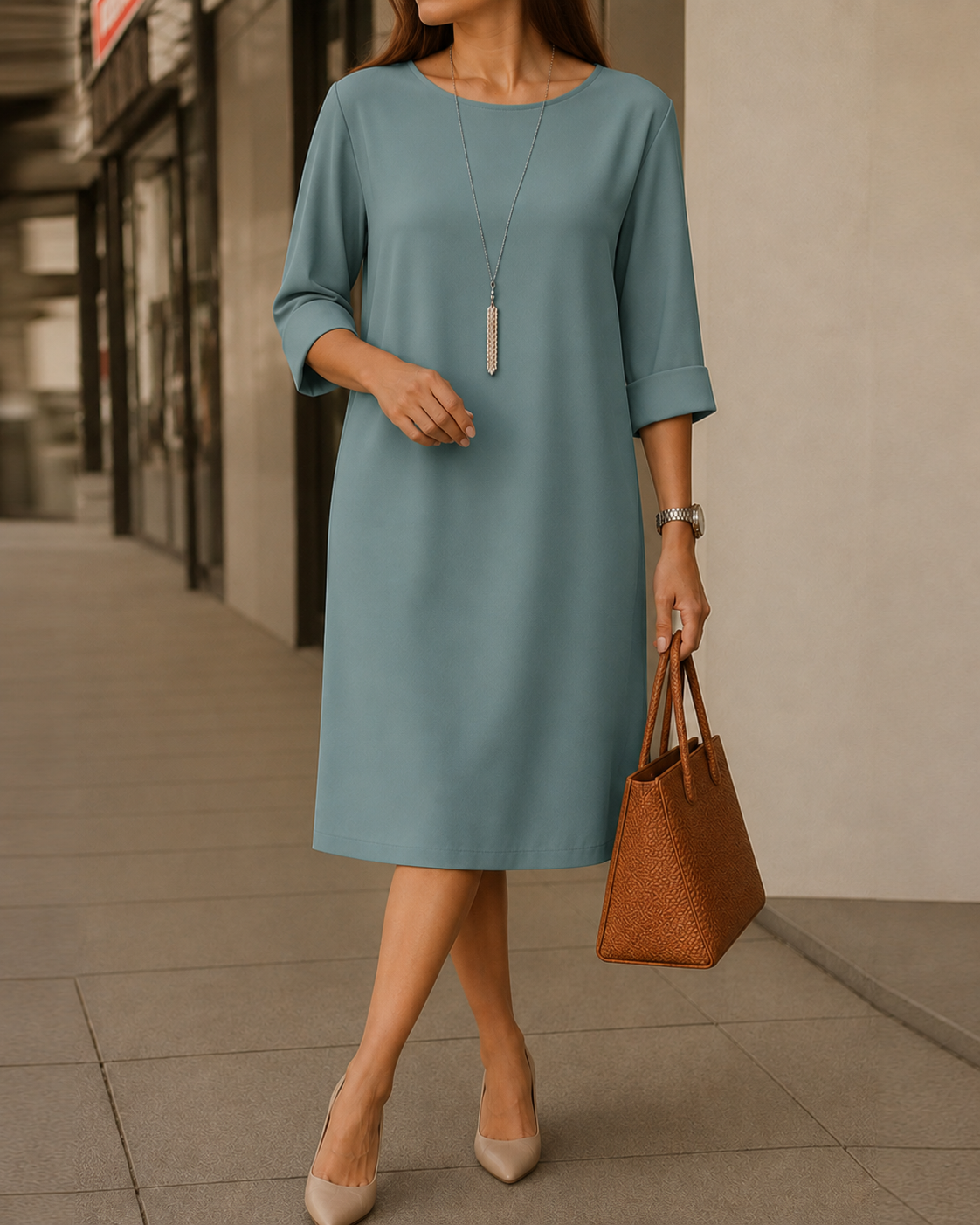 Model showcasing the full range of motion in an orange-red midi dress, ideal for active days.