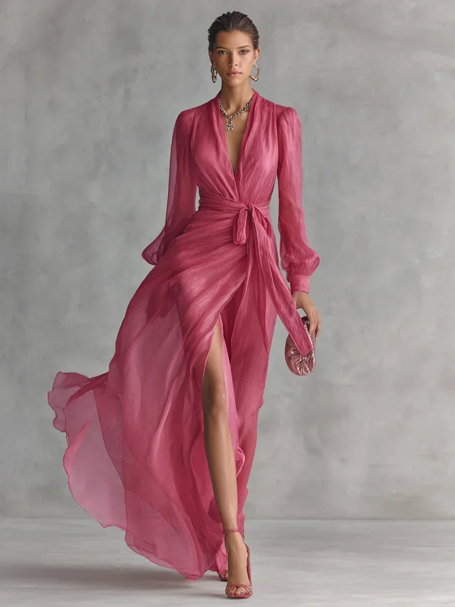Close-up detail of the tie-waist feature on the elegant chiffon maxi dress, highlighting its adjustable and flattering design.