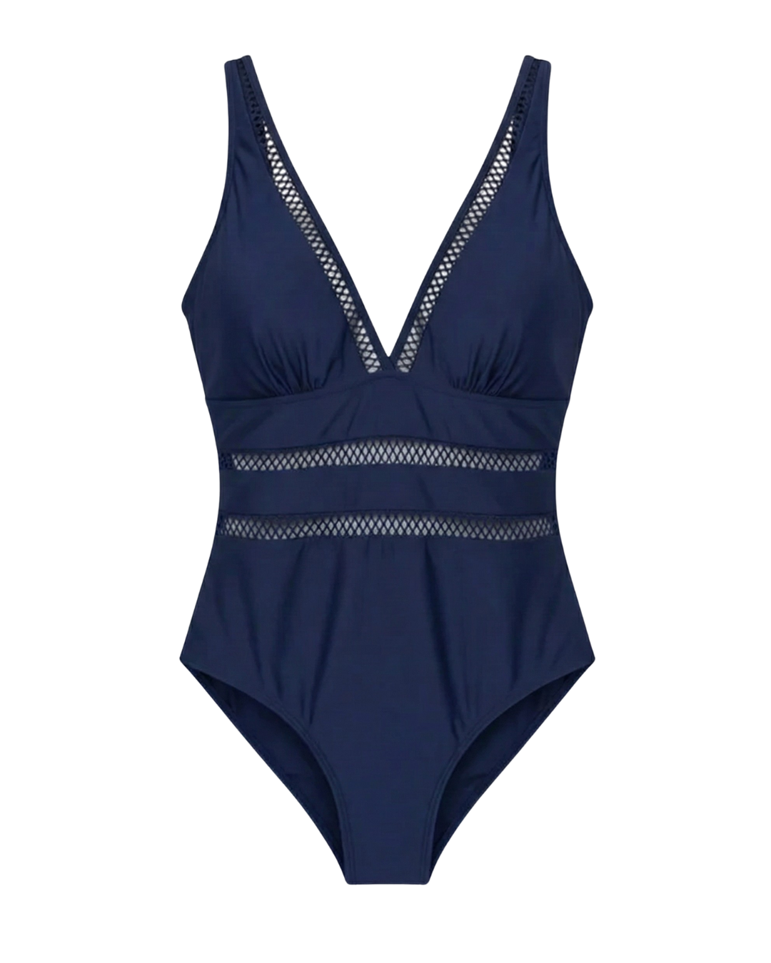 Flat lay of the navy one-piece swimsuit, highlighting its clean lines and timeless appeal.