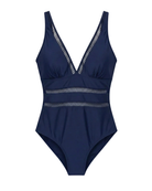 Flat lay of the navy one-piece swimsuit, highlighting its clean lines and timeless appeal.