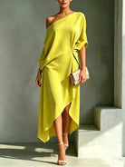 Full-length view of the Lana elegant asymmetrical midi dress in a vibrant blue, showcasing its flowing silhouette.