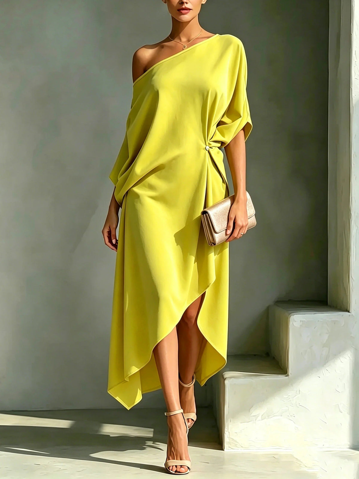 Full-length view of the Lana elegant asymmetrical midi dress in a vibrant blue, showcasing its flowing silhouette.