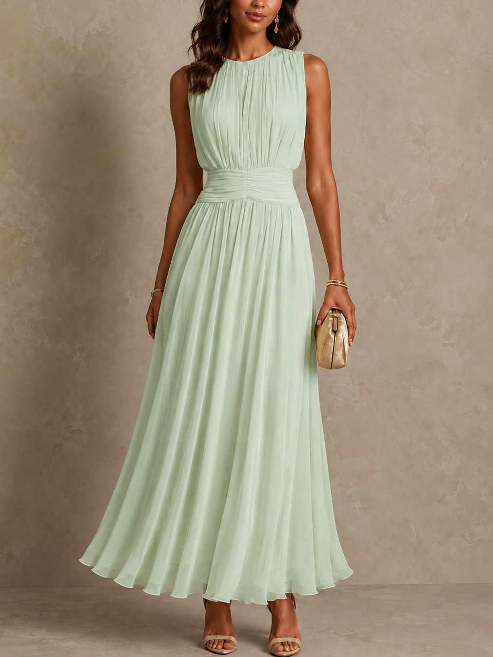 Detailed image of the rounded neckline and softly gathered bodice of the yellow occasion dress.