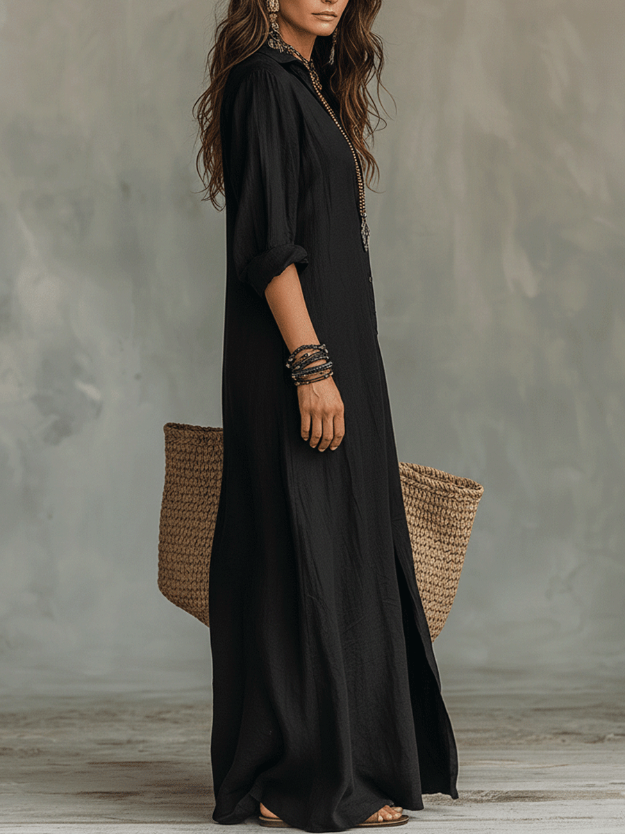 Close-up of the long sleeve detail on a brown long sleeve maxi dress, ensuring comfort.