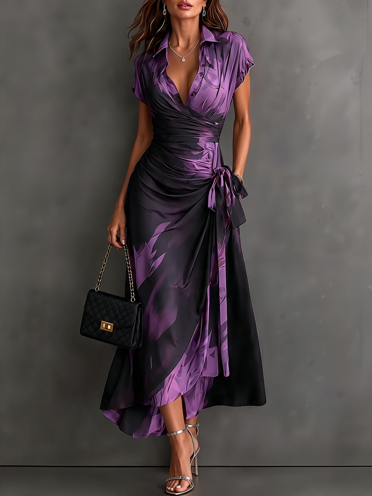White artistic print maxi dress on a hanger, showcasing its elegant form before wear.