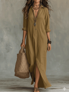 Lifestyle image of a khaki long sleeve maxi dress, ideal for an effortless everyday style.