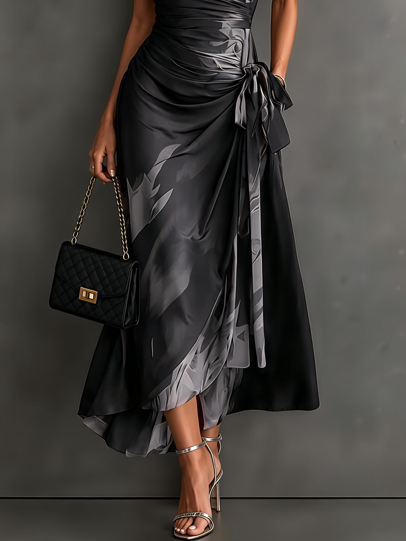 Grey artistic print maxi dress in an indoor studio shot, highlighting the garment's quality and design.