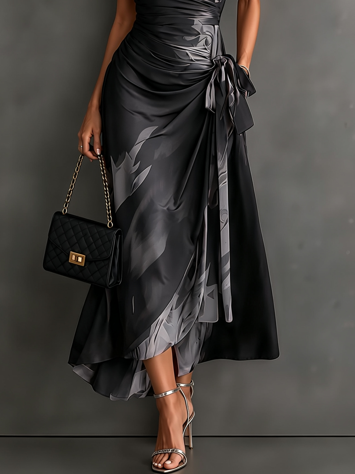 Grey artistic print maxi dress in an indoor studio shot, highlighting the garment's quality and design.