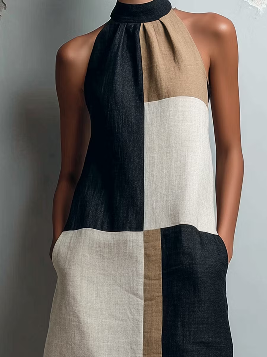 Detail shot of the elegant gathered halter neckline and striking color-block design on the mini dress.