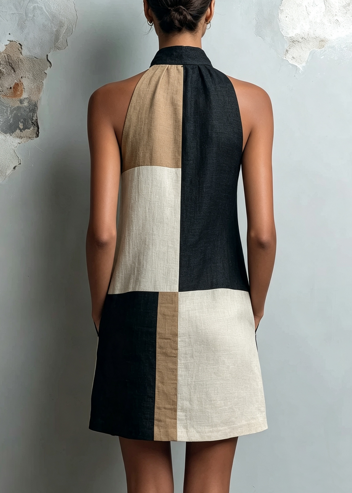 Woman wearing a versatile colorblock halter mini dress, styled with sandals for a relaxed daytime look.
