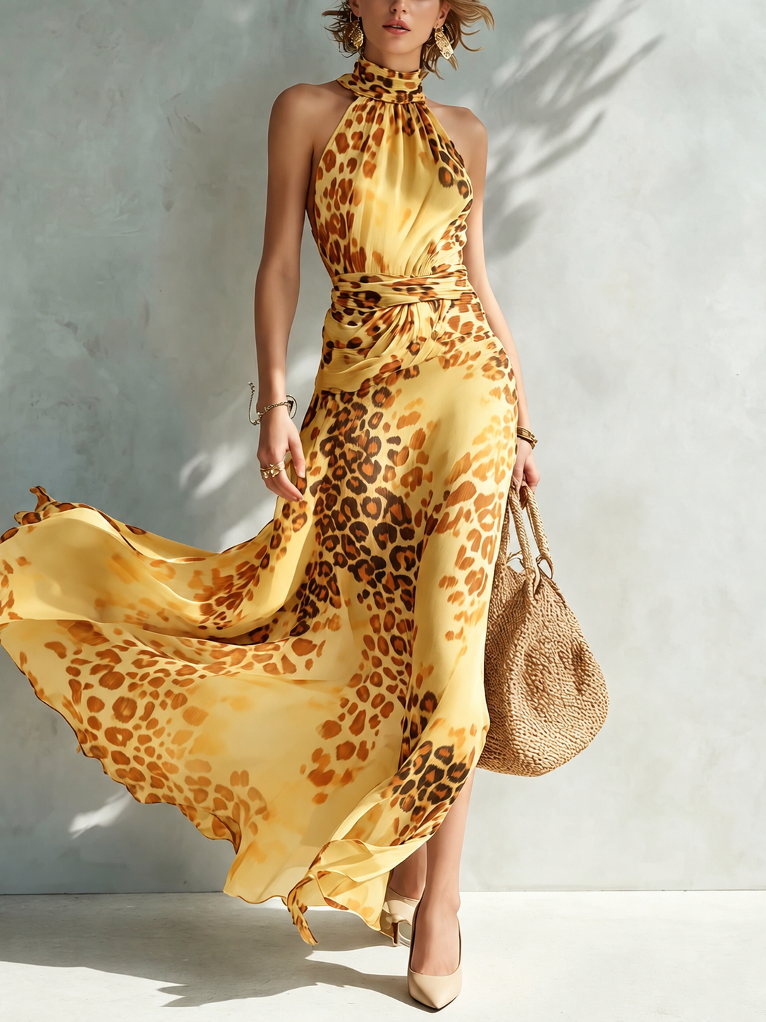 Front view of the Elysia glamorous animal print maxi dress in purple, highlighting its elegant occasion wear style.