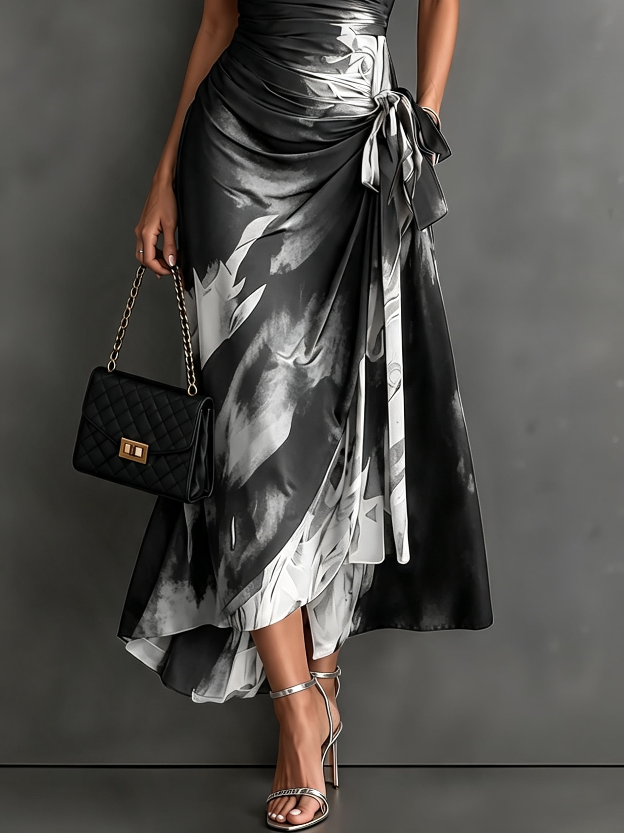 Purple abstract print maxi dress with a focus on the short sleeve design and comfortable fit.