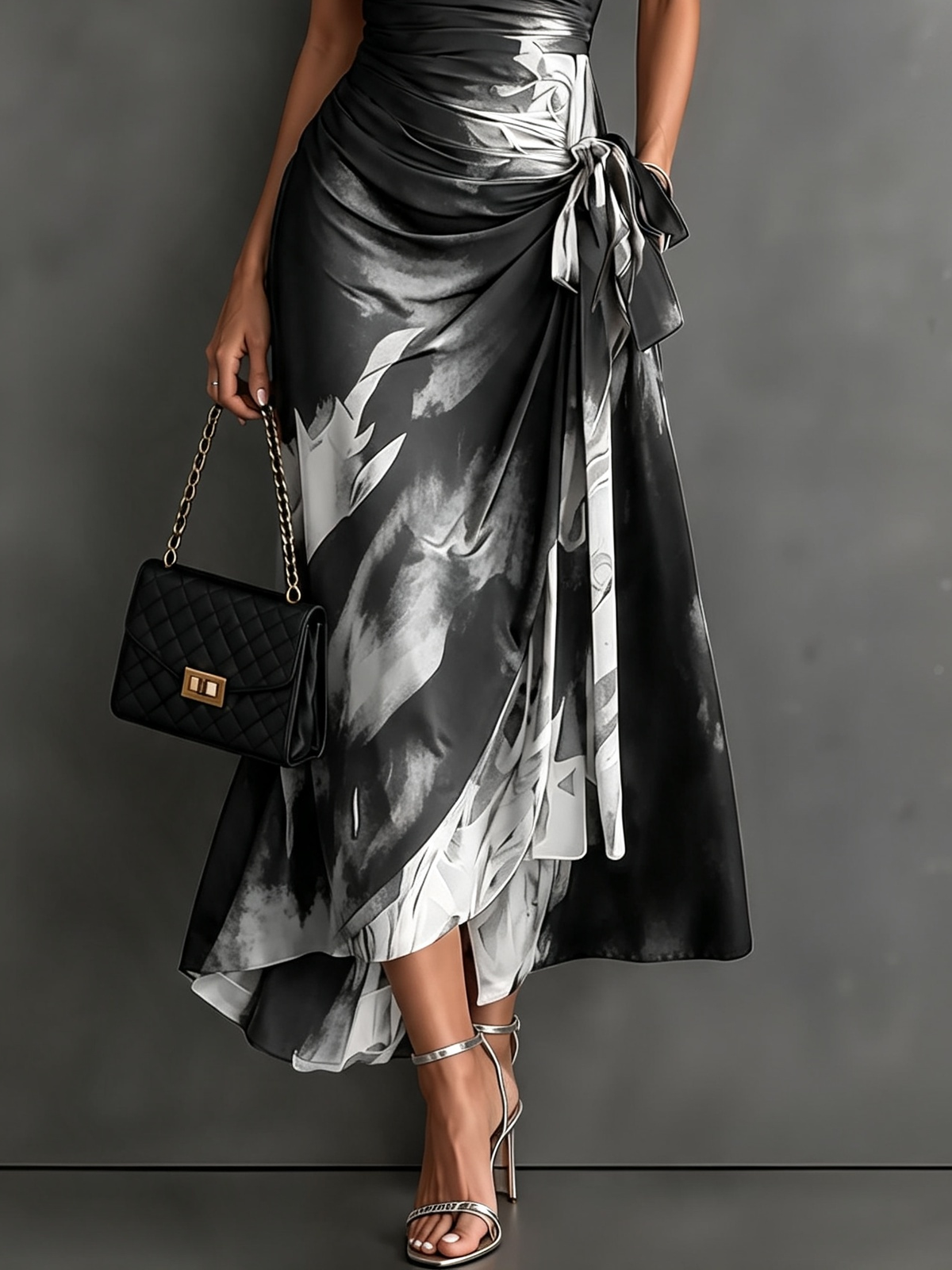 Purple abstract print maxi dress with a focus on the short sleeve design and comfortable fit.