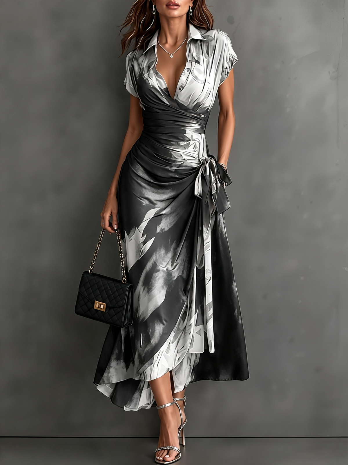 Blue artistic print maxi dress in a cafe setting, ideal for smart-casual engagements and afternoon tea.