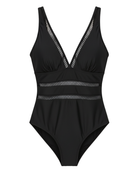 Flat lay of the black one-piece swimsuit, neatly folded, displaying its overall shape and color.