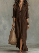 Close-up of the breathable fabric on a khaki long sleeve maxi dress, emphasizing its soft texture.