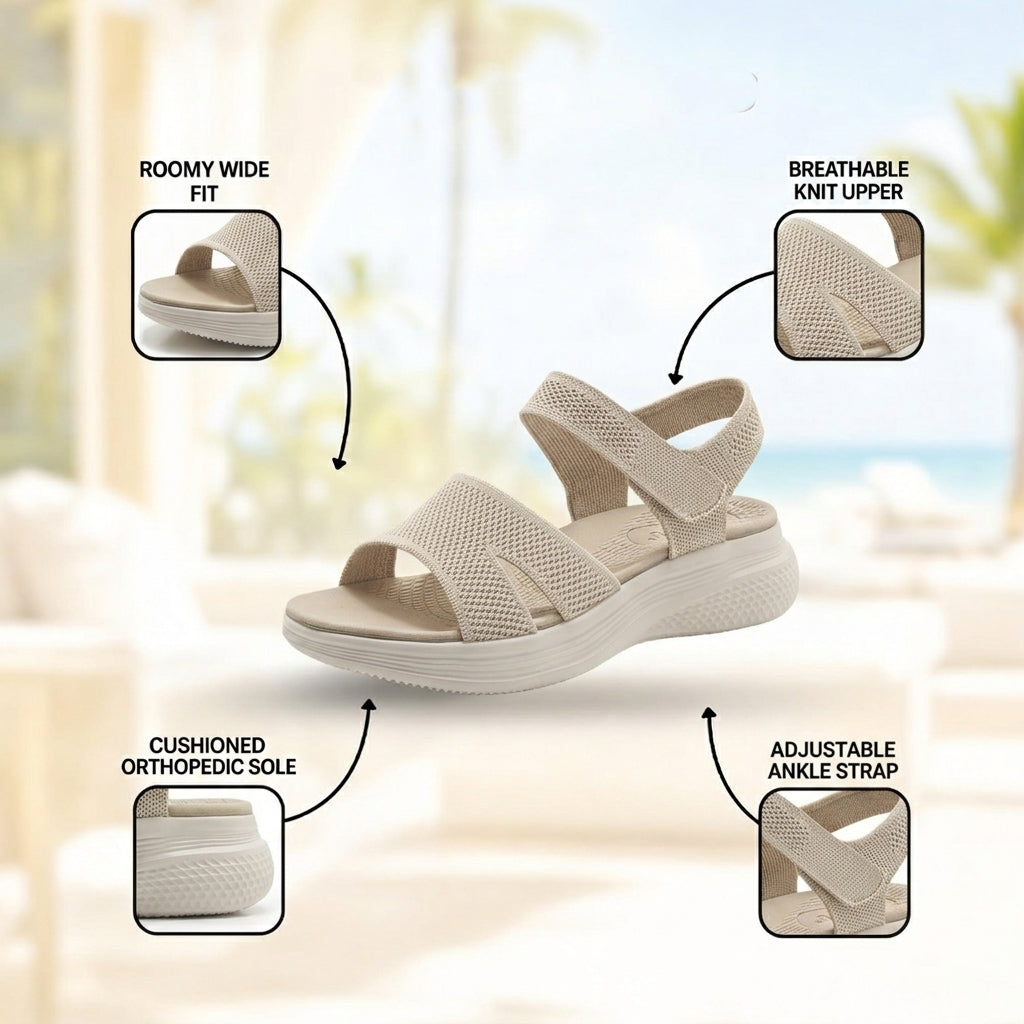 Detail of the sole on the blue arch support walking sandals, showing traction pattern for secure footing.