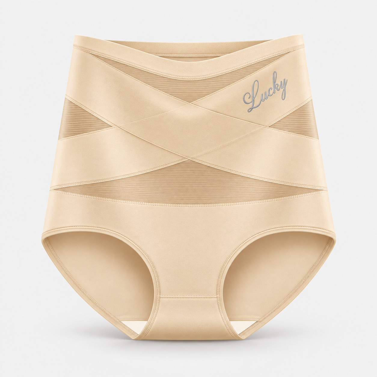 Hand holding the soft, stretchable fabric of the shaping underwear to show its texture.