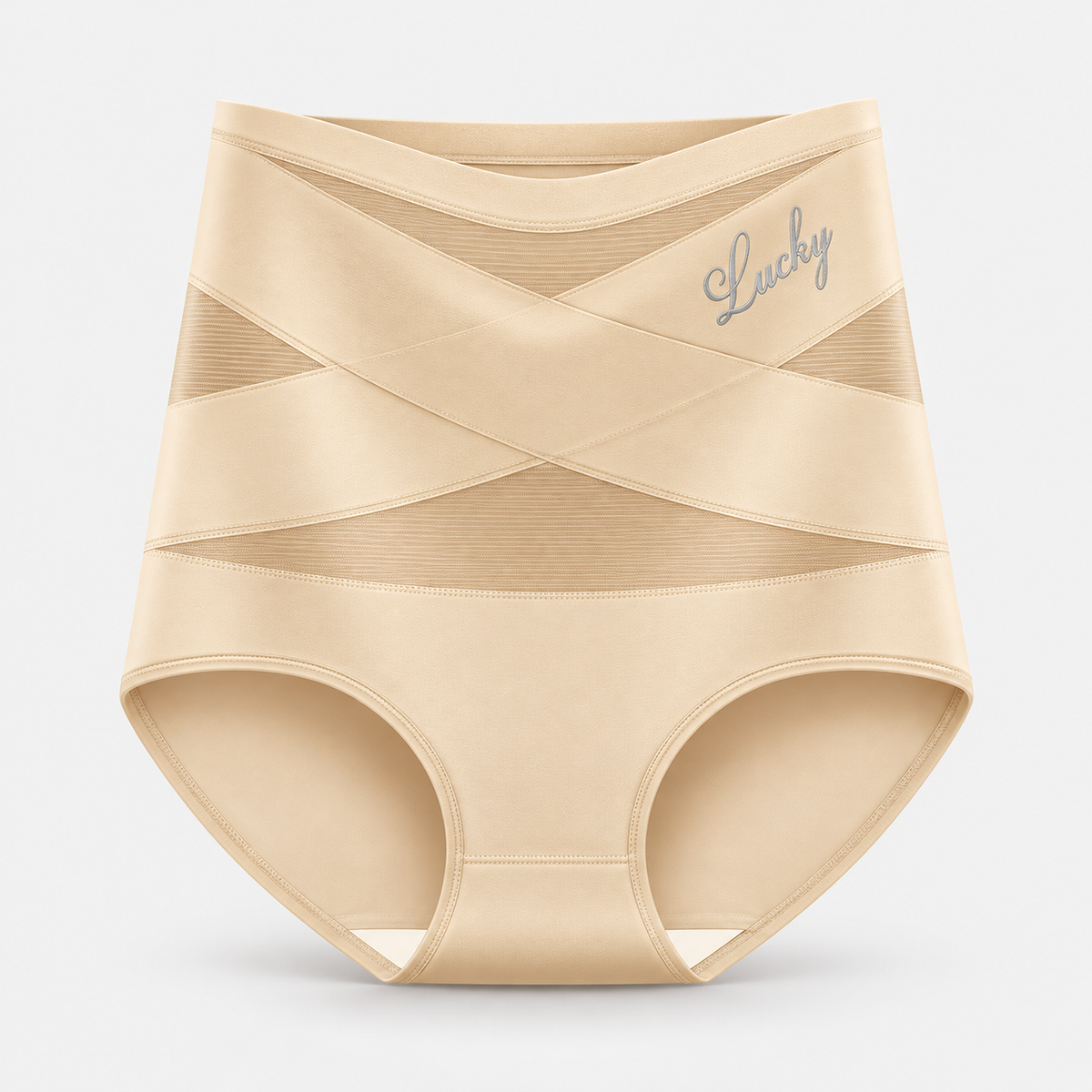 Hand holding the soft, stretchable fabric of the shaping underwear to show its texture.