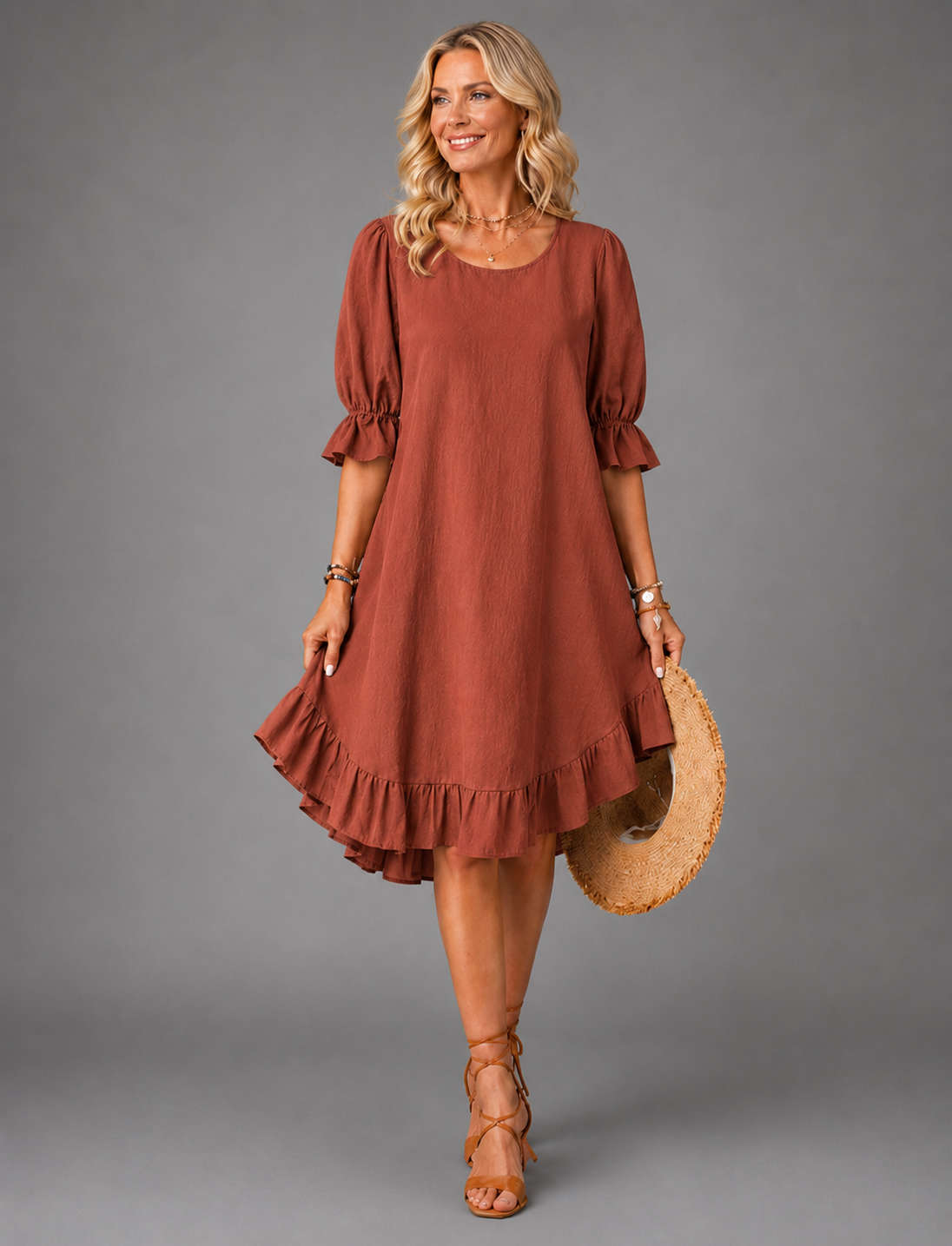 Woman enjoying a casual day outdoors in a blue Zenia dress, emphasizing comfortable movement.