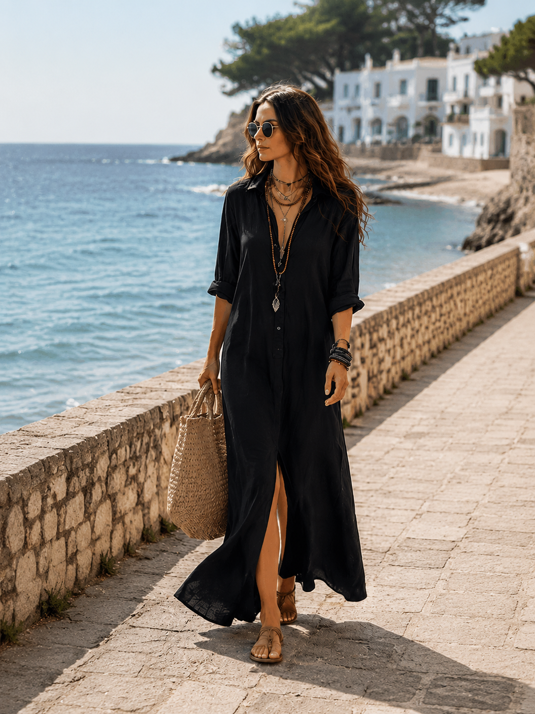 Side profile of a white long sleeve maxi dress, highlighting its elegant drape and comfortable fit.