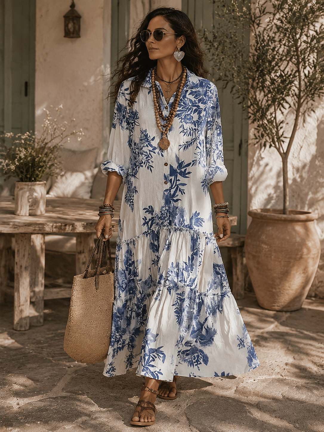 Close-up detail of the delicate collar and button-down front on the elegant blue floral short sleeve maxi dress.