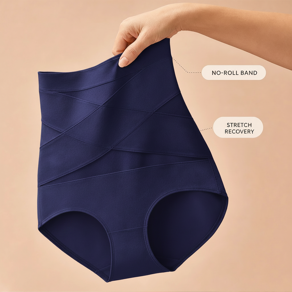 Model demonstrating the flexibility of the high-waisted briefs by stretching the fabric.
