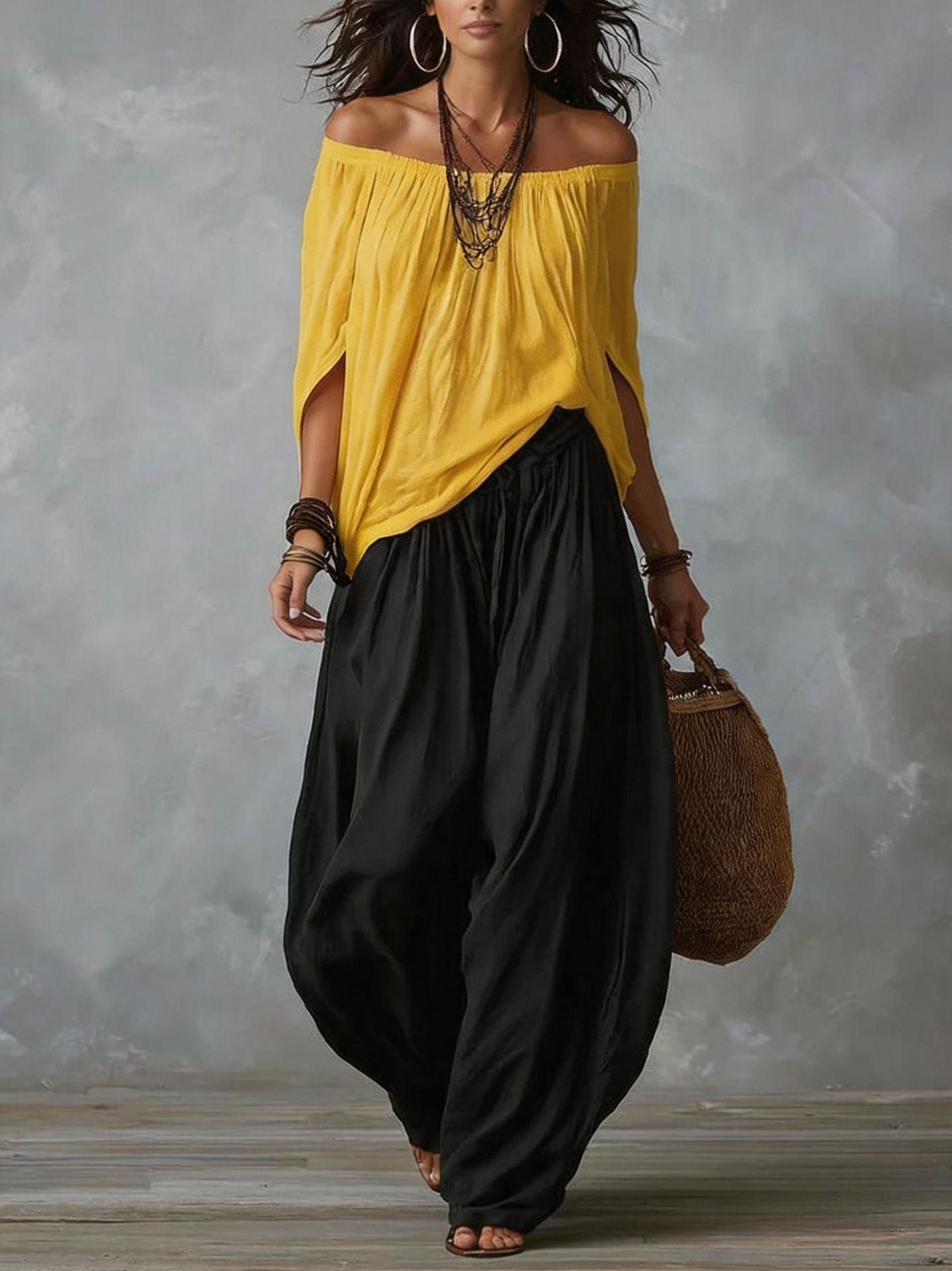 Back view of the versatile black trousers, highlighting their easygoing and comfortable silhouette.