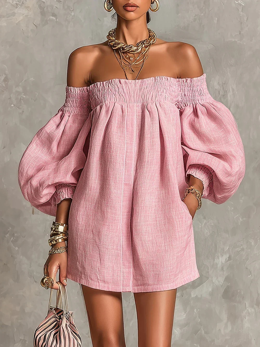 Lila off-shoulder mini dress in pink, shown from the front with puff sleeves and A-line silhouette.
