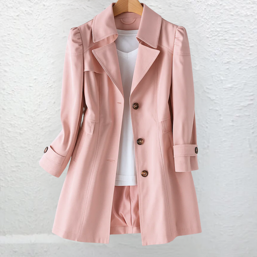 Side profile of a woman wearing the Adeline trench coat in khaki, showcasing its flowing silhouette and length.