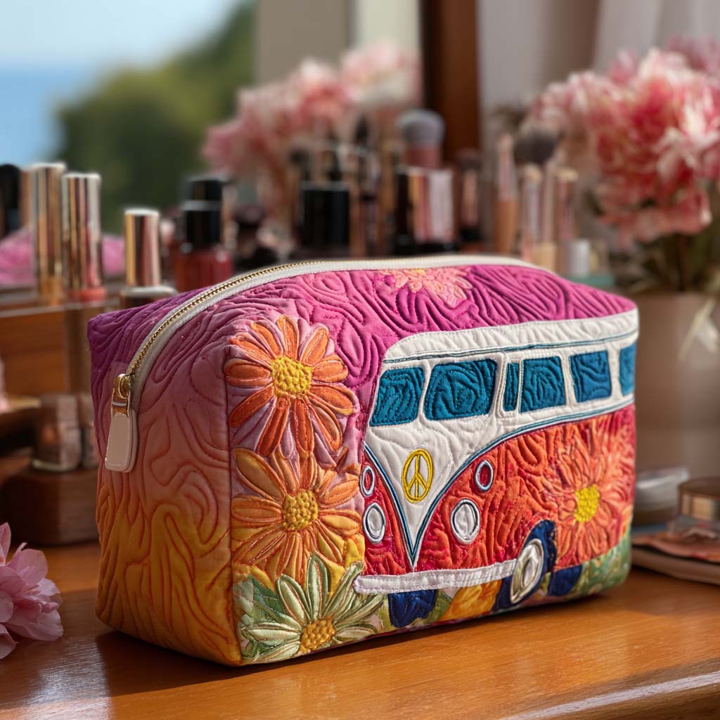 Adira quilted cosmetic bag in a vibrant fantasia viaggio retrò print, showcasing its soft texture and elegant design on a light background.